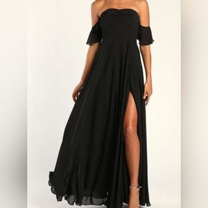 Lulu's "All the Elegance" Black Ruffled Off-the-Shoulder Maxi Dress Size Medium